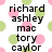 Pixelated text names in black font over a white background with scattered pink and green circles, static image.