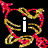 Animated icon with a black background featuring intertwined red and gold ribbons forming a heart shape around a white lowercase 'i', transitioning to a white background with colorful abstract shapes above the word 'love' in bold black letters.