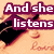 A static image with a light brown background featuring a black and purple object, overlaid with purple text reading "And she to that cause it listenssame old reminds song her of You".