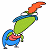 Pixelated cartoon character with green body and orange head holding a blue object, next to green text on dark background reading "Original Icons .com".