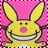 Yellow cartoon rabbit with pink nose and ears, smiling widely against pink dotted background, with text "ME HANT HURT YOU." in black and pink pixelated font.