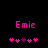 Pixelated pink text 'Emie' above five heart symbols on a black background, with one central heart changing color between frames.