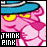 repeated pink cartoon characters with blue hats and yellow eyes, each labeled 'THINK PINK' in pixelated text below
