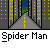 Pixelated Spider-Man icon set with multiple poses against cityscape background, each labeled 'Spider Man' text below.