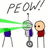 Pixelated image shows three figures with a green laser beam and 'PEOW!!' text above them on white background.