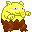 Yellow cartoon character with brown pants and light blue collar in multiple pixelated poses showing arm movements, weapon holding, and facial expression changes.