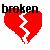 A pixelated red broken heart icon with the word 'broken' in black text above it on a light background.
