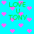 Pixelated cyan background with scattered pink hearts and green text reading "LOVE U TONY" in multiple positions.
