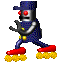Pixelated robot skater with blue uniform, red eyes, yellow buttons, and red roller skates on a gray background.