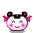 Pixelated cartoon face with pink cheeks, black hair buns, and pink bows, displaying multiple facial expressions across a