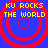 Four identical pixelated icons arranged in a , each featuring red concentric circles on blue background with yellow text reading "KU ROCKS THE WORLD"