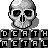 Pixelated skull icon with repeating text below, displayed as a contact sheet of two animated frames showing slight head rotation.