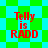 Red text "Telly is RADD" on a green and cyan checkered background with pixelated edges.