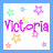 Animated buddy icon featuring the name 'Victoria' in pink text surrounded by colorful stars and flowers on a white background with blue border.
