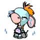 Animated cartoon elephant with light blue skin, pink ears, and orange tufted hair holding a purple object while crying multiple water droplets.