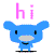 Blue pixelated character with gray snout and black eyes appears above pink text reading 'hi' or 'hello' on white background.