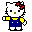 Pixelated Hello Kitty avatar with red bow, blue overalls, yellow sleeves, and green nose in six sequential poses showing arm movements.