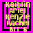 Four identical pixelated display yellow text on black and pink backgrounds with a central square frame