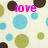 Pixelated image with scattered circles in brown, blue, and green on a light background; pink text 'love' appears above the left section.