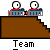 Pixelated animation of two white-eyed figures in blue and red clothing moving up brown stairs with gray background, each frame labeled "Team" below.