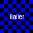 Blue and black checkered background with four instances of the word 'Baller' in white pixelated text, each positioned near a blue pattern overlay