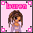 Pixel art contact sheet of an animated AIM buddy icon showing a female character with brown hair and purple eyes across eight frames on a pink background, each frame bordered by black-and-white pixelated squares.