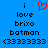 Blue background with black text reading 'i love brixo batman (3333333' and a red pixelated heart symbol above the word 'love'.