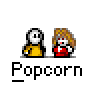 Animated contact sheet of 13 pixel art frames showing two stick figures with speech bubbles and text changes above them, all labeled "Popcorn" below the characters.