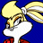 Pixelated cartoon character with blonde pigtails, white face, red shoes, and blue background in 48x48 static icon format.