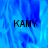 Blue-toned abstract background with three instances of the text 'KAMY' in black pixelated font, one on each visible