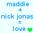 Two side-by-side pixel art equations display 'maddie + nick jonas = love' with a heart symbol, where the heart's color changes from green to light green between frames.