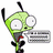 Green cartoon alien with large white eyes and black antennae, holding a speech bubble on white background, standing on purple background, and text on blue background.