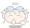 Pixelated angel icon with closed eyes, pink cheeks, and blue cloud-like hair, showing four distinct poses against gray background.