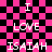 Pixelated text on a pink and black checkered background with visible animation distortion effects.