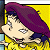 Pixelated cartoon character with purple beret and yellow background next to green text reading "Original Icons .com" in pixel font.