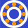 Nine identical circular icons arranged in a on blue background, each with white rings and orange dots
