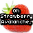 A pixelated strawberry with green leaves, featuring black text boxes with white pixelated text reading "Oh Strawberry Avalanche," and "please crash over me." on separate views.