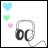 Pixelated static icon featuring gray headphones with a wire and three colored hearts (light blue, green, pink) on the left side against a white background.