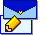 Pixelated blue envelope with yellow heart, overlapping white rectangle containing partial text and golden pencil icon.