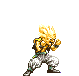 Pixel art character with spiky yellow hair in fighting stance, wearing yellow top and white pants with green accents, shown in multiple animation frames with varying hair and body transparency.