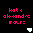 Pixelated text 'katie alexandra maura' in pink appears above two heart symbols on a black background, with one heart white and the other gray.