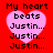 Red background with four identical pink heart shapes, each containing black pixelated text reading "My heart beats Justin..." repeated three times.