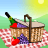 Animated sequence of picnic baskets on checkered cloths with fruit and wine, set against a sunlit background.