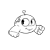 Pixelated grayscale icon of a cartoon character with large eyes, rounded head, and small limbs holding circular objects.