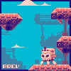 Pixel art scene with a skull character on a platform, floating islands, and blue sky background.