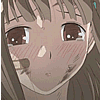 Anime-style character face with brown eyes, light skin, and long brown hair; bandage on left cheek; blushing cheeks in some frames.