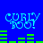 Blue background with four identical pixelated 'CURLY BOO!' text blocks in light blue, each above a green bar graph animation sequence.