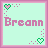 Four identical pixel art with light green backgrounds, pink borders, and the name "Breann" in pink text. Each contains two heart symbols: one at top-left and one at bottom-right