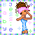Pixelated character with brown skin, pink headband, and blue pants in a pose with hand near face, surrounded by colorful letters and plus signs on white background.