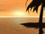 Static pixel art of a sunset over water with dark silhouettes of palm trees on the right side.